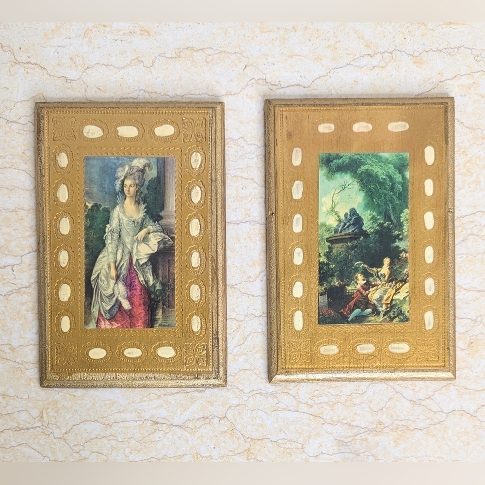 Vintage Italian Florentine Gold Gilt Pair Garden Scene Lady Portrait Wooden Art